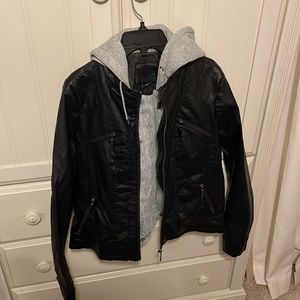 Juniors Cropped Leather Jacket with Removable Hood